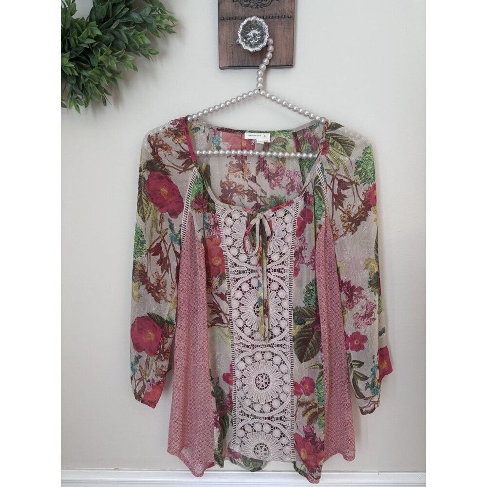 Meadow Rue Anthropologie Size Small Sheer Floral Crochet Trim Peasant Top